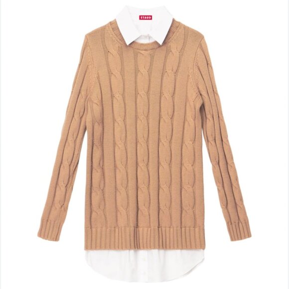 NWT STAUD Aldrin Sweater Shirt Mini Dress Medium Camel/White - Picture 4 of 10